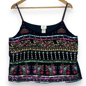 JPR Separates Silk Beaded Cami Top Boho Sleeveless Embellished Blouse Black‎ XL